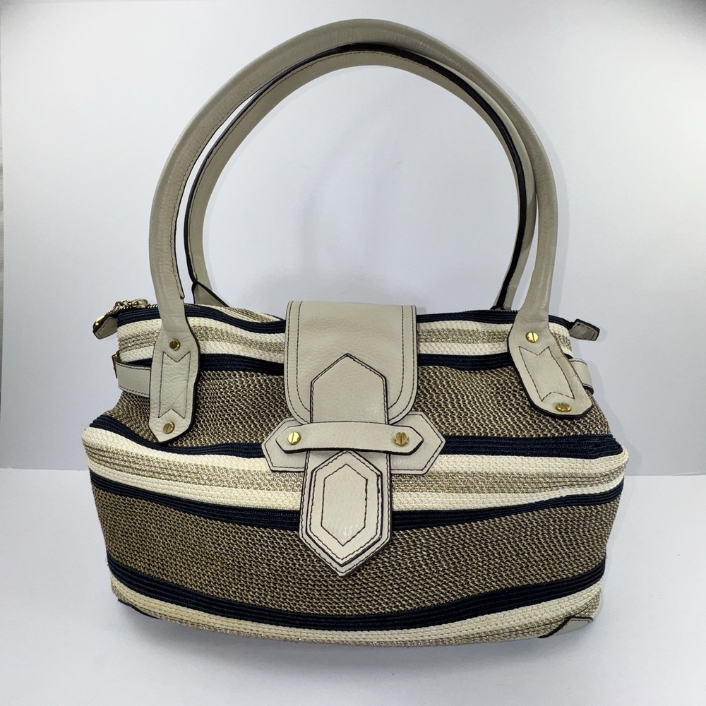 Eric Javits Striped Double Handle Leather Tote Handbag Beige/Brown/Bag Large